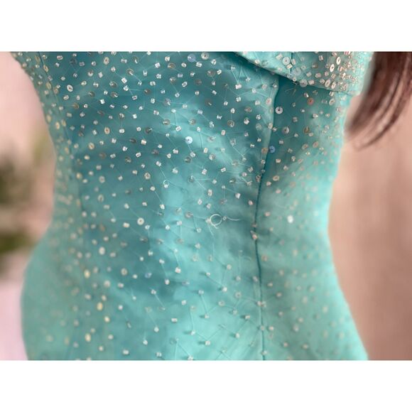 Vtg Y2K Mori Lee Beaded Corset Top Blue Strapless Sequin Prom Party Top Sz 7/8 - Picture 7 of 11